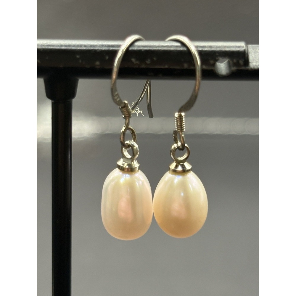 EUC Sterling Silver Baloon Pearl Dangle Earrings 925 G24